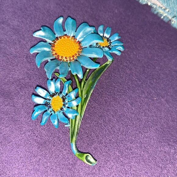 Vintage blue metallic enamel floral brooch pin- mid century - Picture 5 of 8